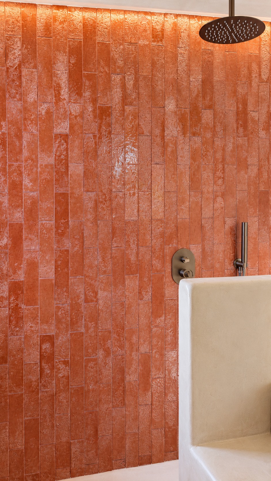 Mur terracotta plein avec douche pluie et baignoire