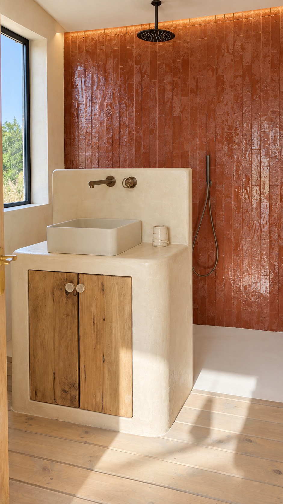 Vasque en béton ciré sur meuble bois, carreaux terracotta